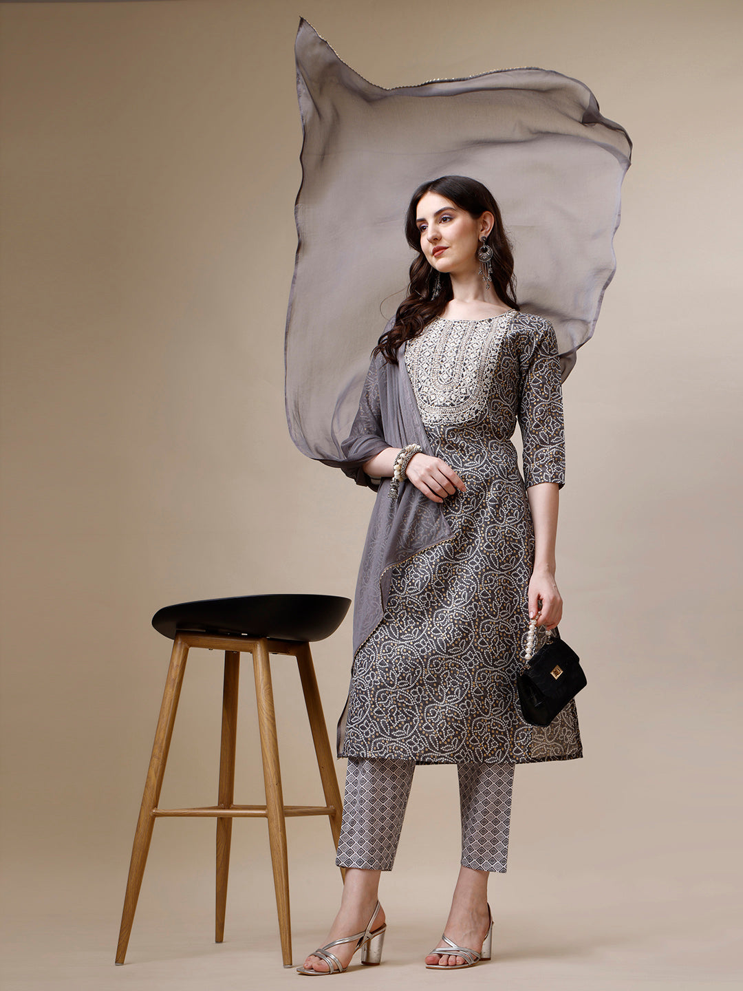 Thread Embroidered Bandhani Printed Kurta With Pant And Dupatta Set, Multicolor - Hiral Fashion - Distacart