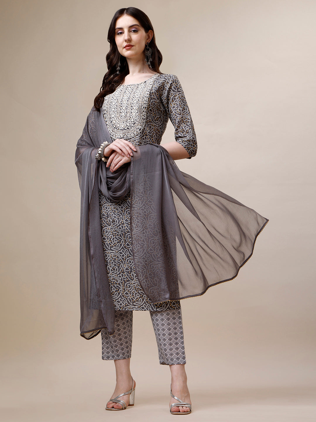 Thread Embroidered Bandhani Printed Kurta With Pant And Dupatta Set, Multicolor - Hiral Fashion - Distacart