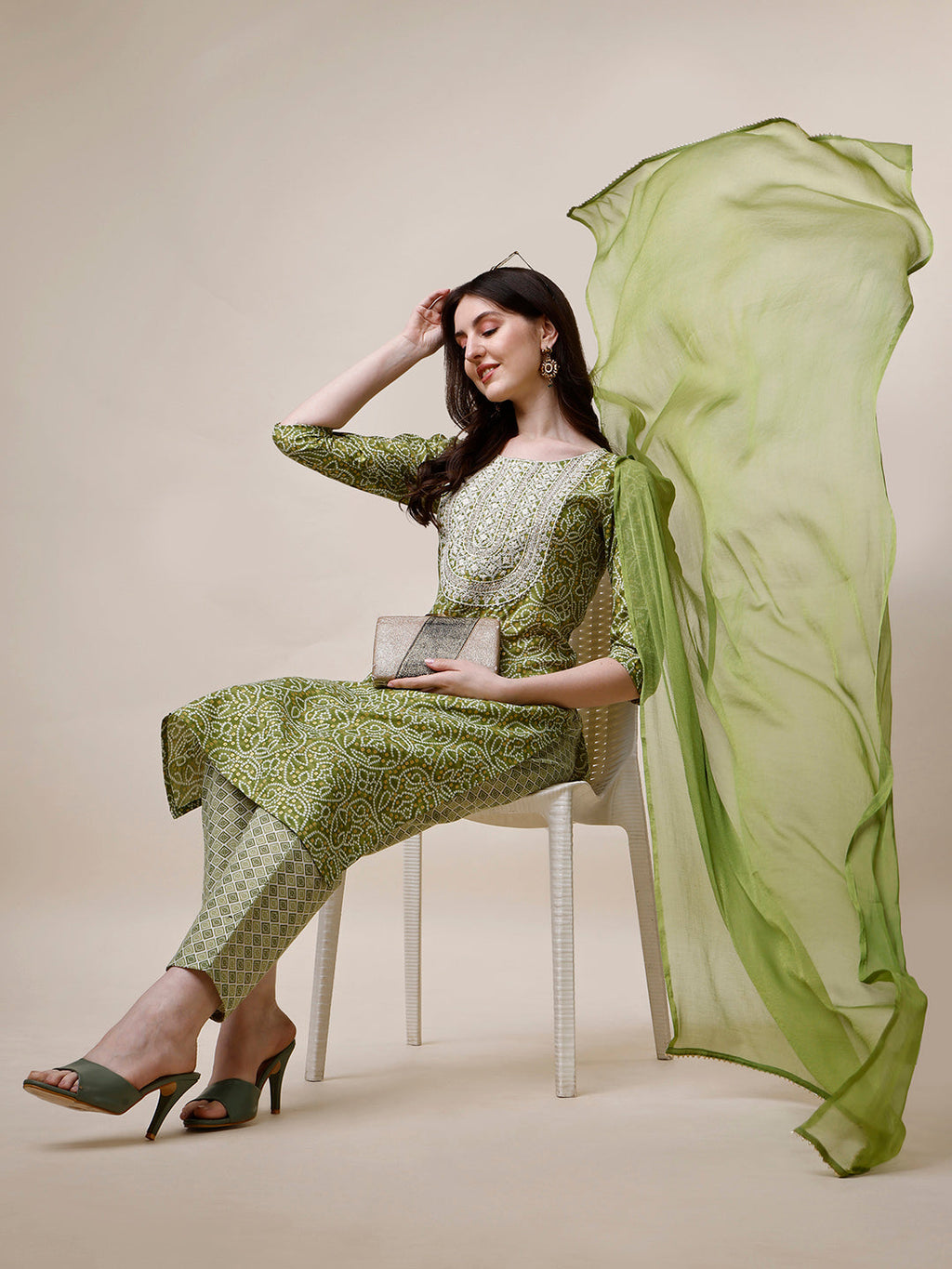 Thread Embroidered Bandhani Printed Kurta With Pant And Dupatta Set, Multicolor - Hiral Fashion - Distacart