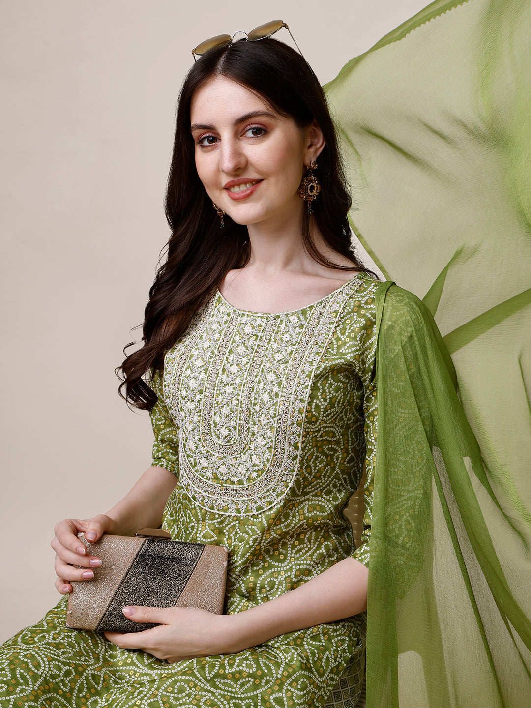 Thread Embroidered Bandhani Printed Kurta With Pant And Dupatta Set, Multicolor - Hiral Fashion - Distacart