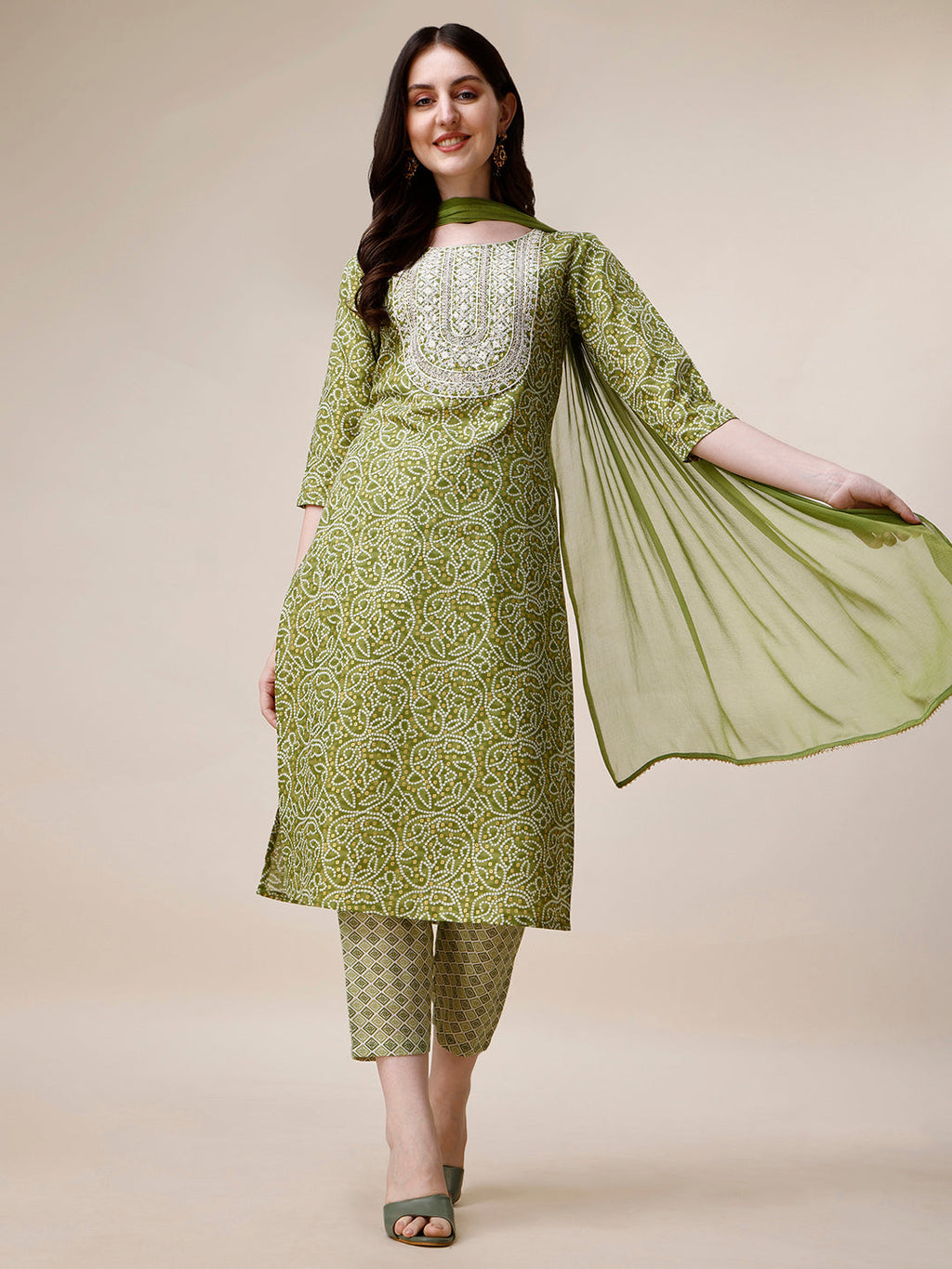 Thread Embroidered Bandhani Printed Kurta With Pant And Dupatta Set, Multicolor - Hiral Fashion - Distacart