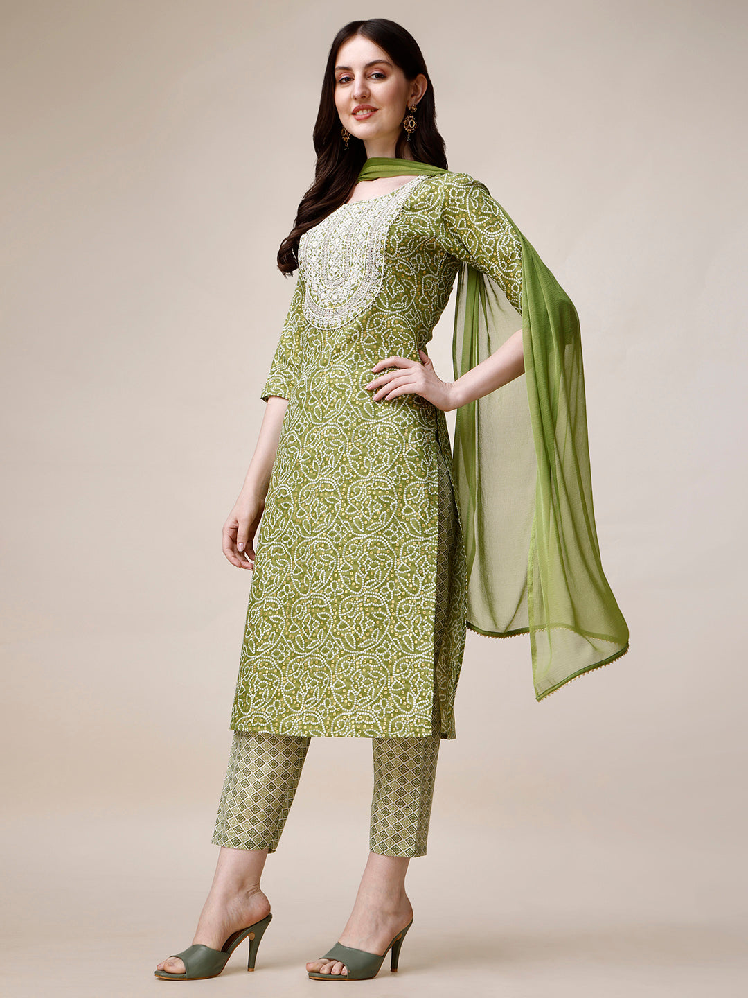 Thread Embroidered Bandhani Printed Kurta With Pant And Dupatta Set, Multicolor - Hiral Fashion - Distacart