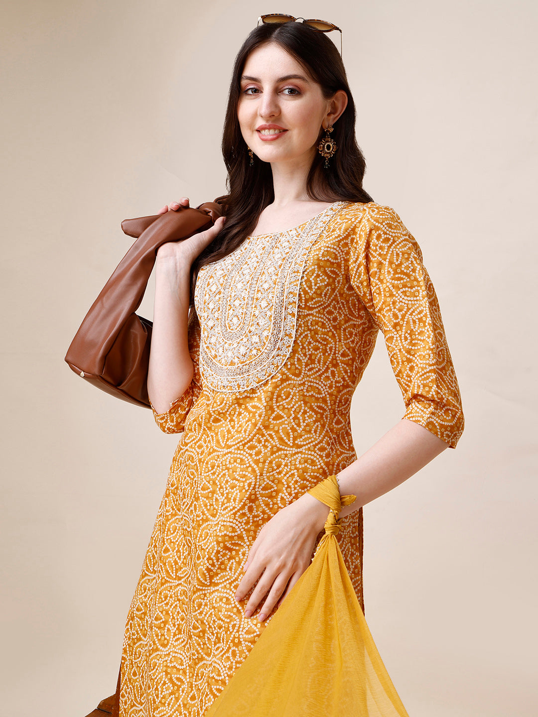 Thread Embroidered Bandhani Printed Kurta With Pant And Dupatta Set, Multicolor - Hiral Fashion - Distacart