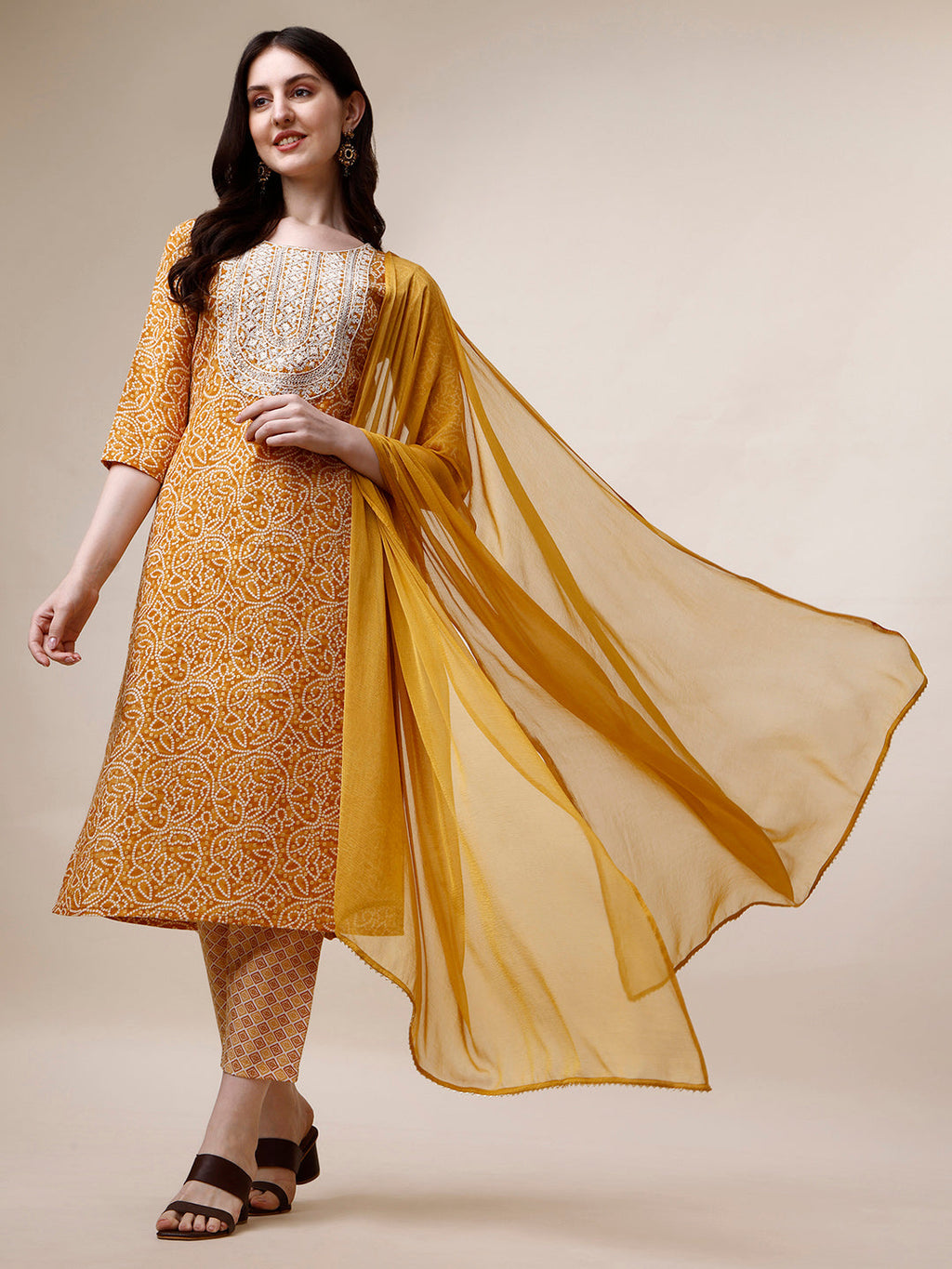 Thread Embroidered Bandhani Printed Kurta With Pant And Dupatta Set, Multicolor - Hiral Fashion - Distacart