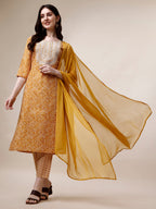 Thread Embroidered Bandhani Printed Kurta With Pant And Dupatta Set, Multicolor - Hiral Fashion - Distacart