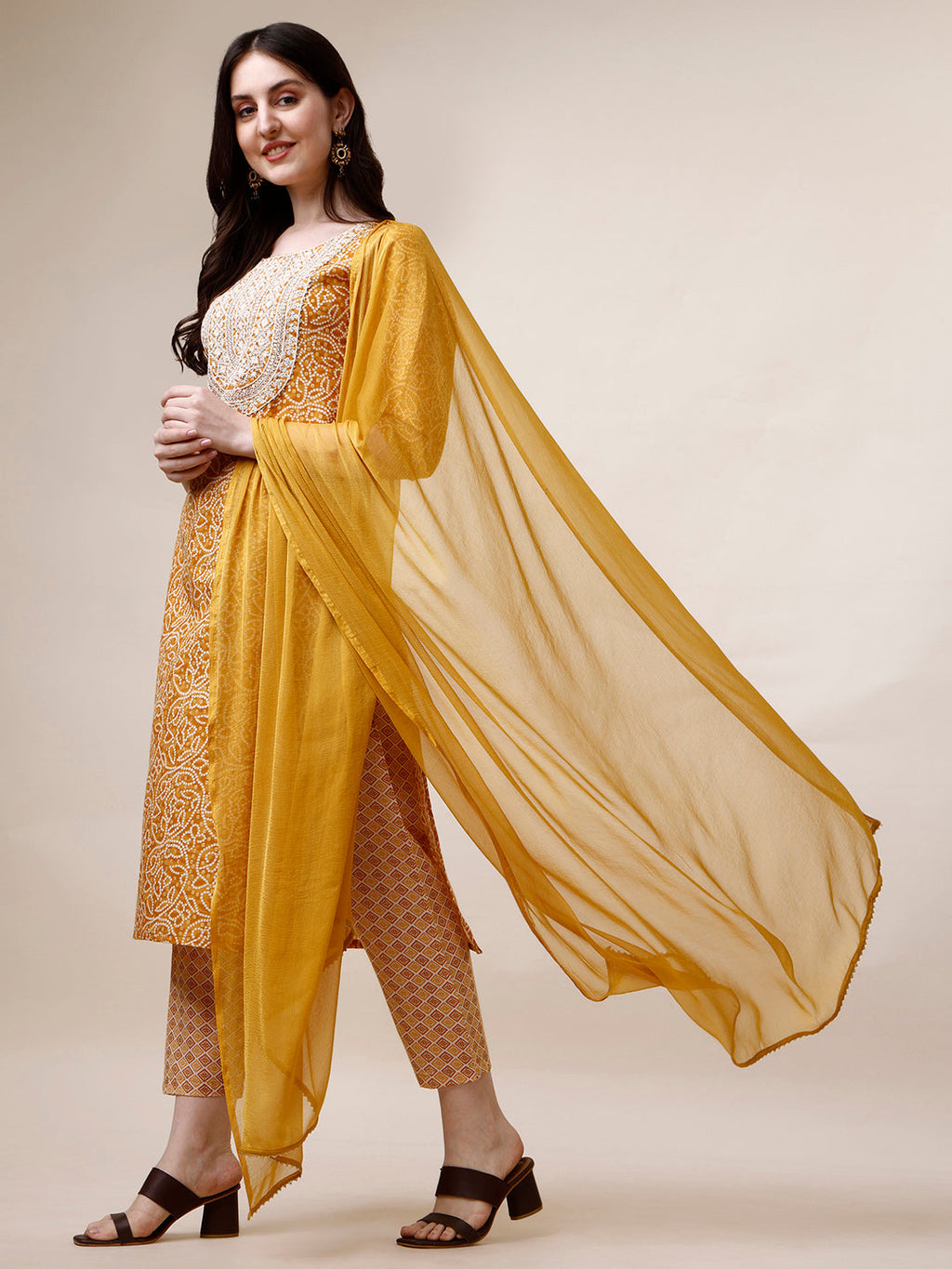 Thread Embroidered Bandhani Printed Kurta With Pant And Dupatta Set, Multicolor - Hiral Fashion - Distacart