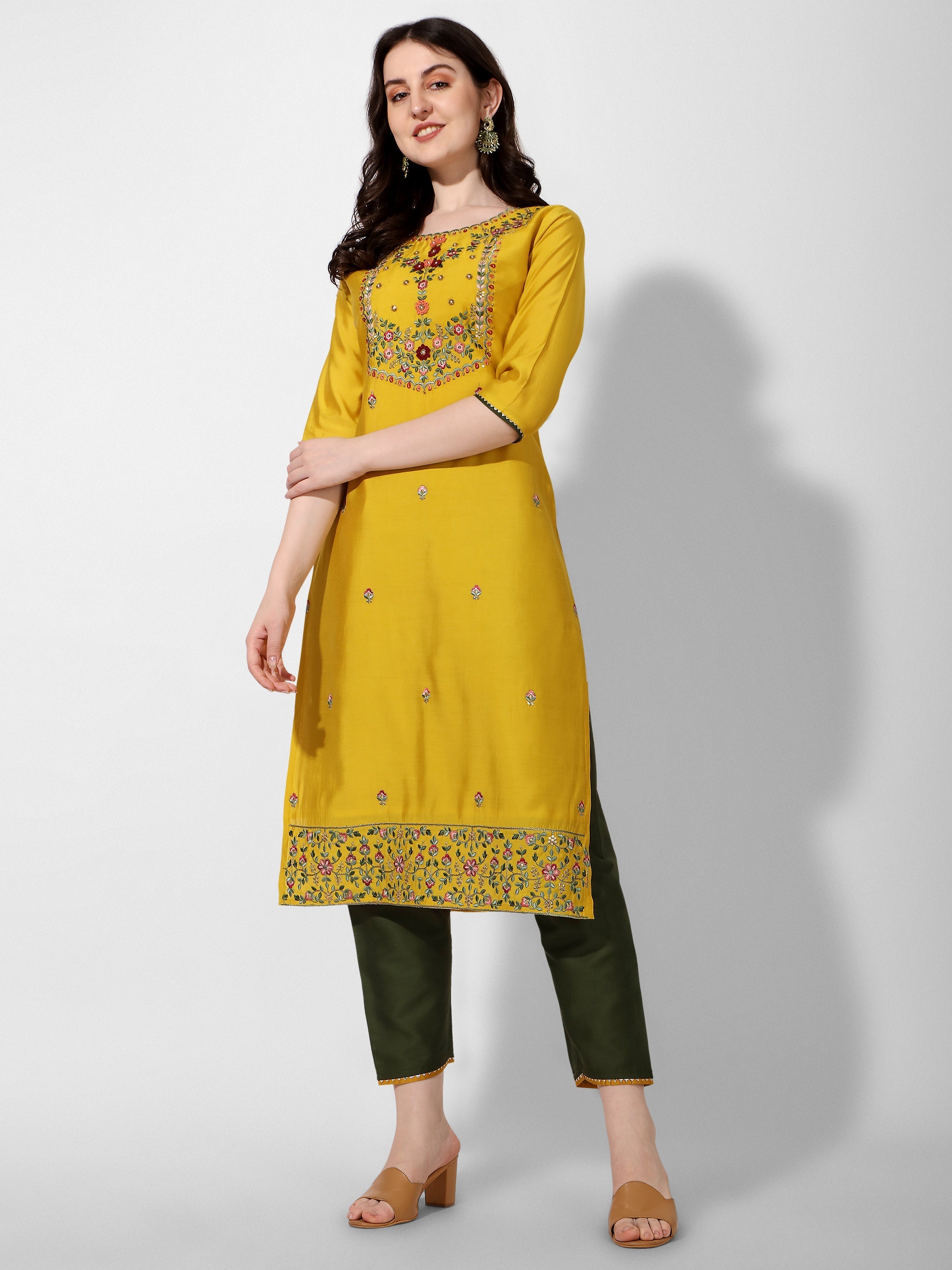 Embroidered Kurta With Pant & Printed Dupatta Set, Multicolor - Hiral Fashion - Distacart