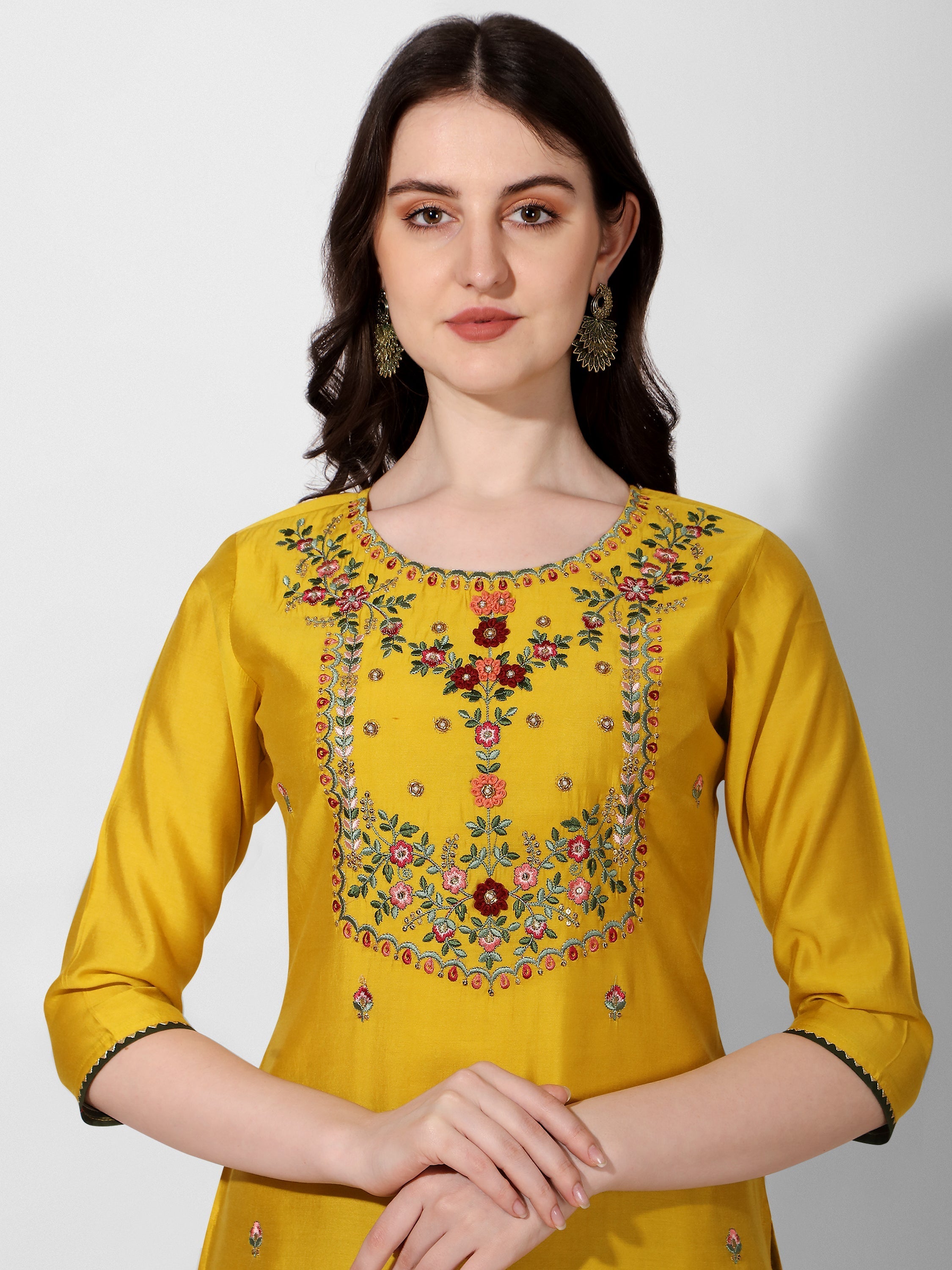 Embroidered Kurta With Pant & Printed Dupatta Set, Multicolor - Hiral Fashion - Distacart