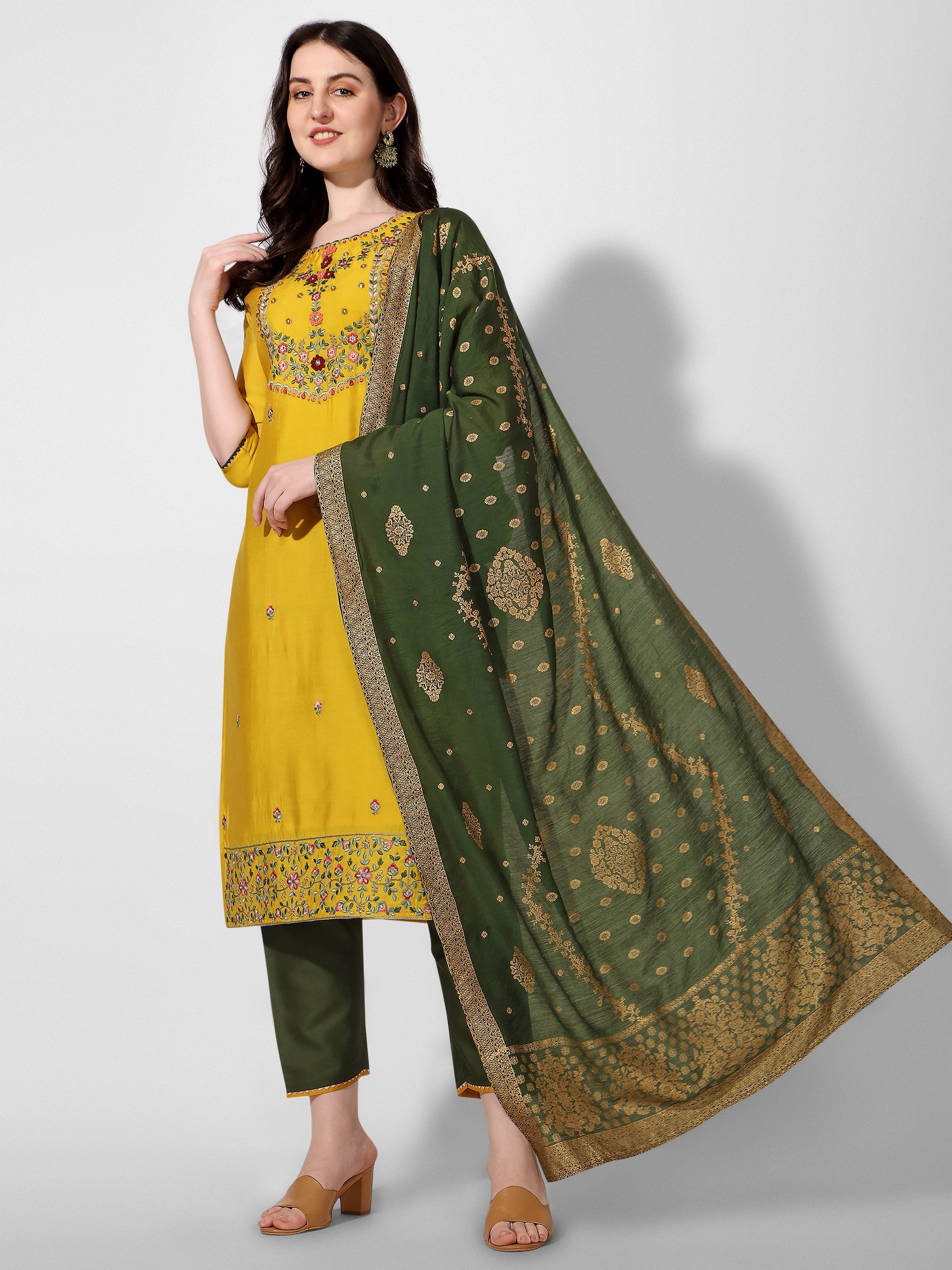 Embroidered Kurta With Pant & Printed Dupatta Set, Multicolor - Hiral Fashion - Distacart