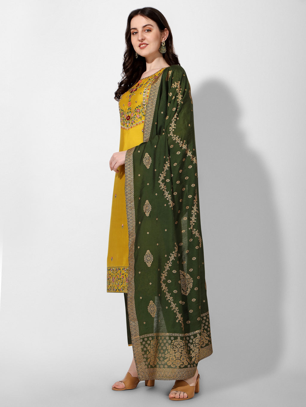 Embroidered Kurta With Pant & Printed Dupatta Set, Multicolor - Hiral Fashion - Distacart