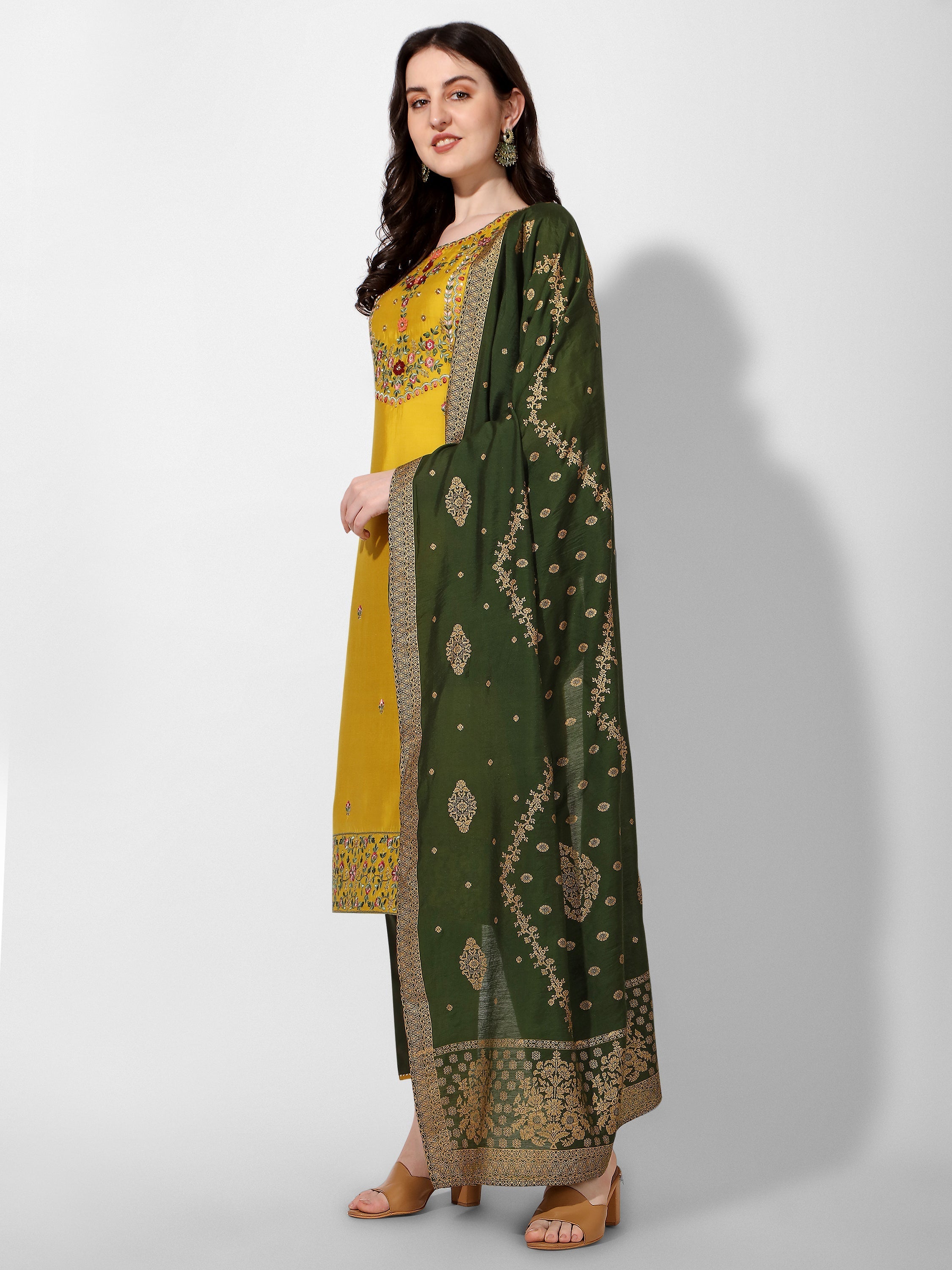 Embroidered Kurta With Pant & Printed Dupatta Set, Multicolor - Hiral Fashion - Distacart