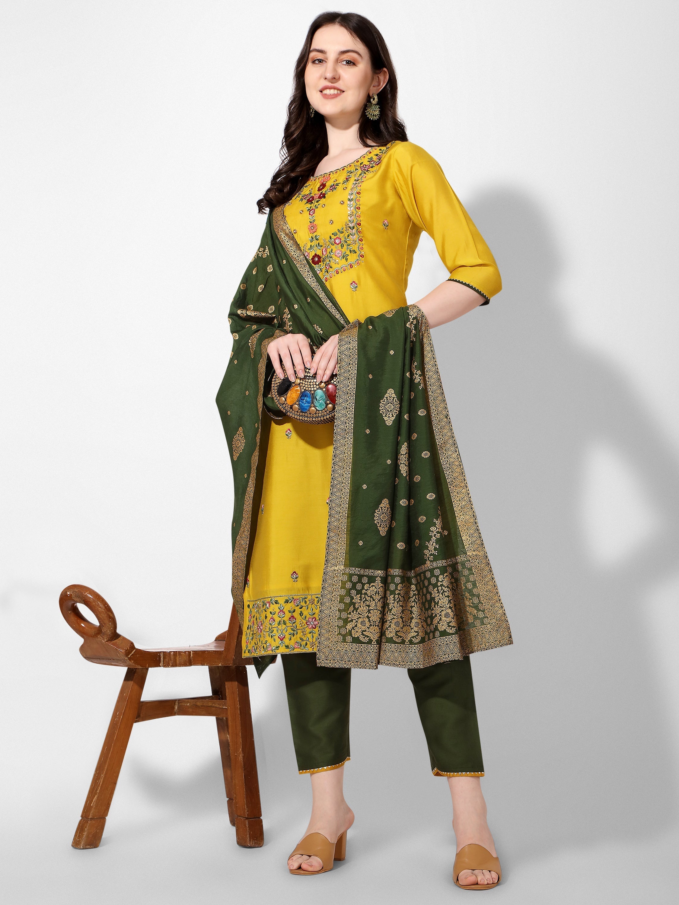 Embroidered Kurta With Pant & Printed Dupatta Set, Multicolor - Hiral Fashion - Distacart