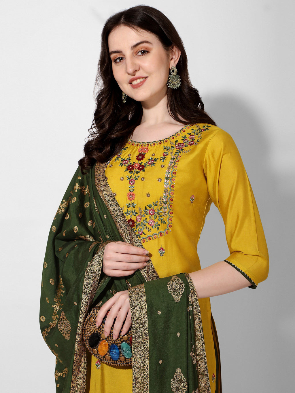 Embroidered Kurta With Pant & Printed Dupatta Set, Multicolor - Hiral Fashion - Distacart