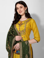 Embroidered Kurta With Pant & Printed Dupatta Set, Multicolor - Hiral Fashion - Distacart