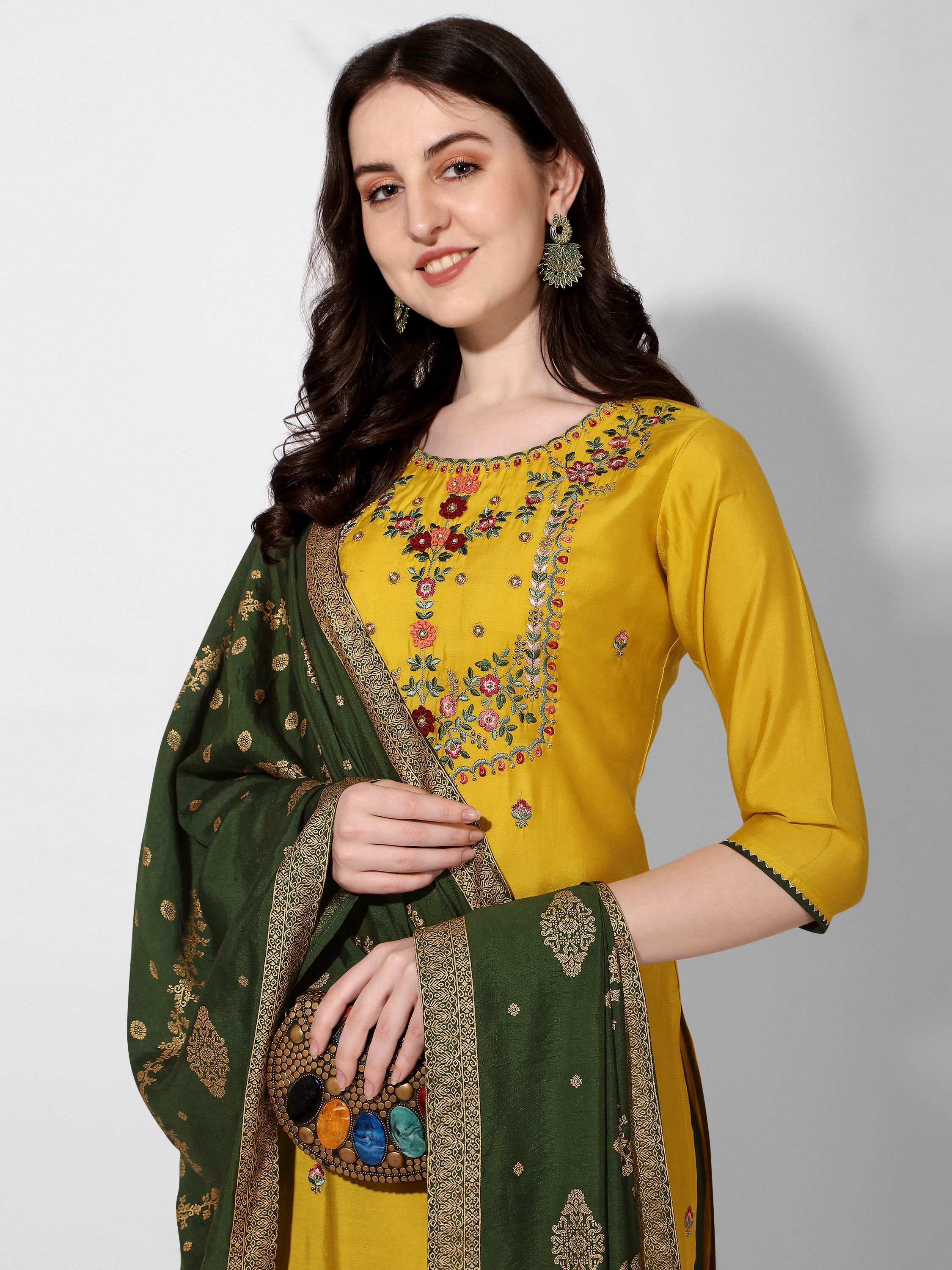 Embroidered Kurta With Pant & Printed Dupatta Set, Multicolor - Hiral Fashion - Distacart