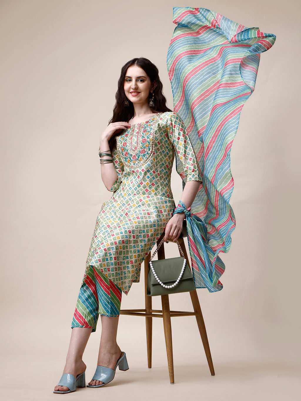 Ethnic Motif Printed & Embroidered Kurta With Pant And Dupatta Set, Multicolor - Hiral Fashion - Distacart