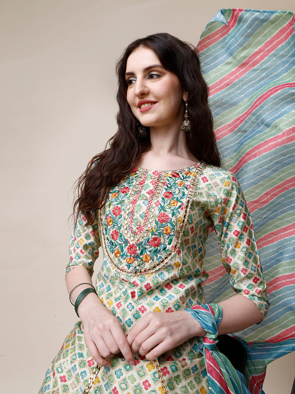 Ethnic Motif Printed & Embroidered Kurta With Pant And Dupatta Set, Multicolor - Hiral Fashion - Distacart