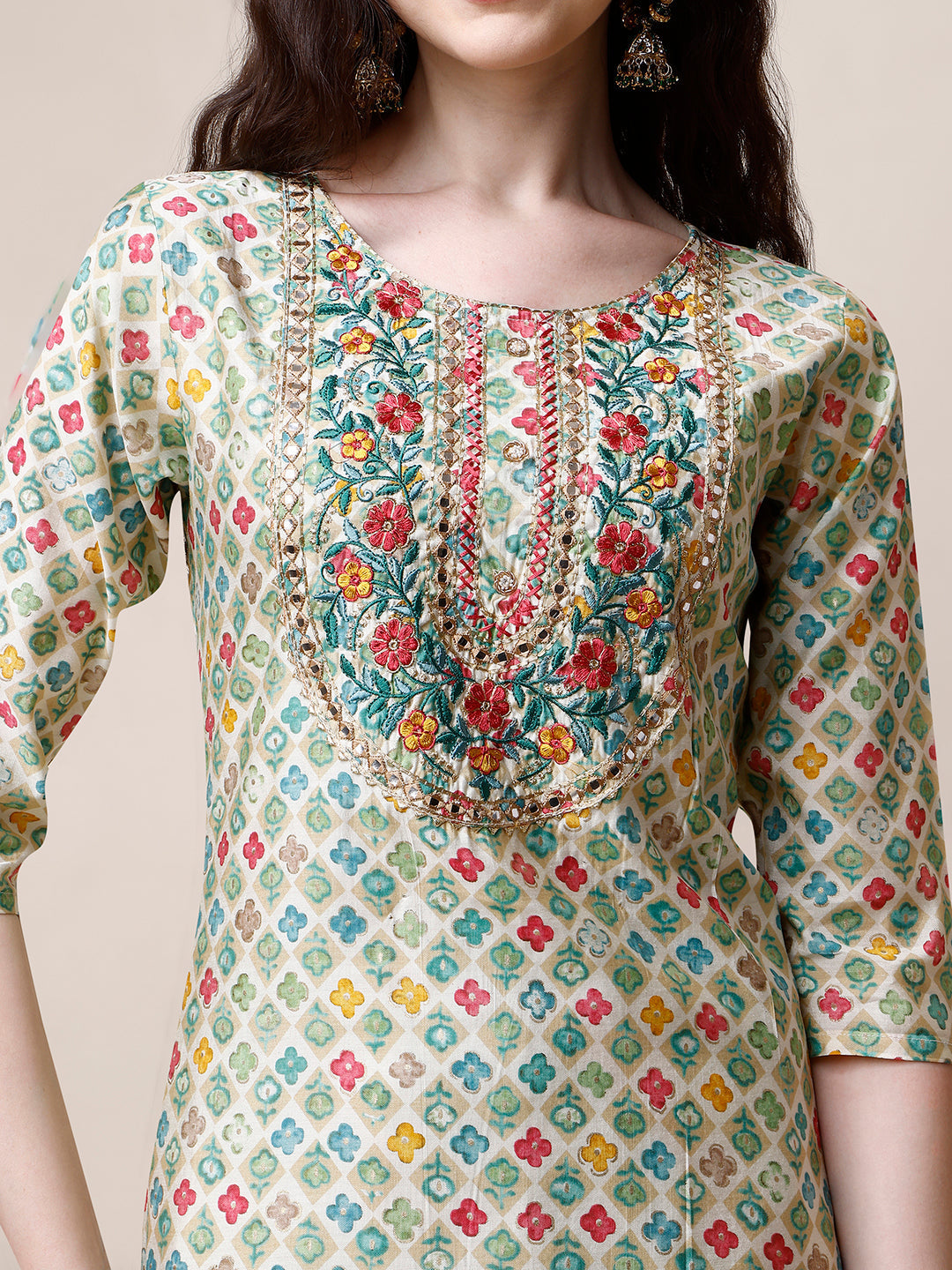 Ethnic Motif Printed & Embroidered Kurta With Pant And Dupatta Set, Multicolor - Hiral Fashion - Distacart