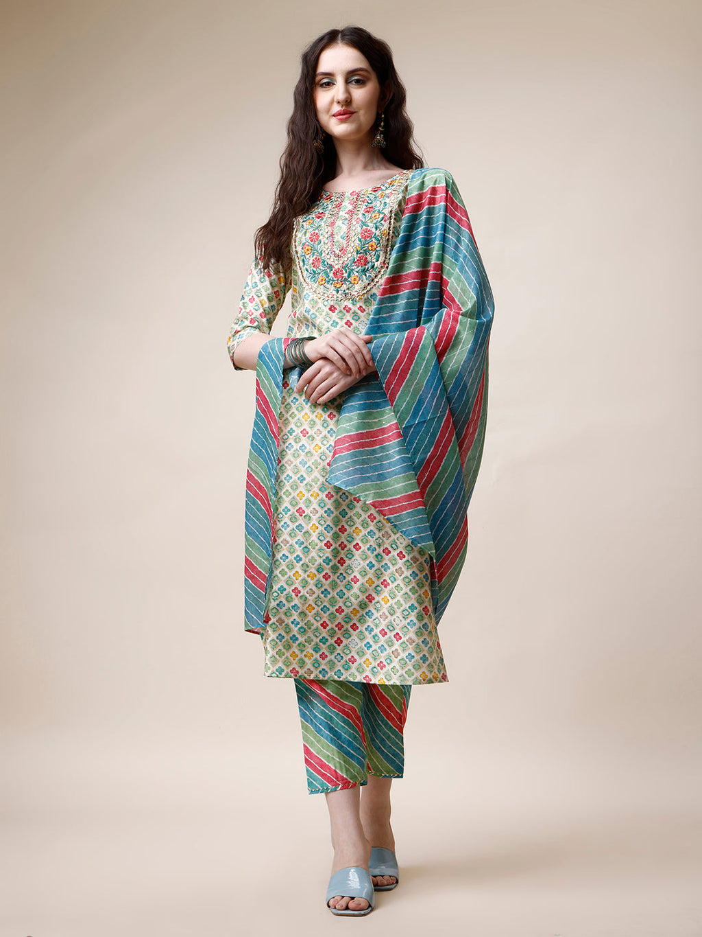 Ethnic Motif Printed & Embroidered Kurta With Pant And Dupatta Set, Multicolor - Hiral Fashion - Distacart
