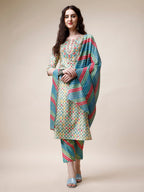 Ethnic Motif Printed & Embroidered Kurta With Pant And Dupatta Set, Multicolor - Hiral Fashion - Distacart
