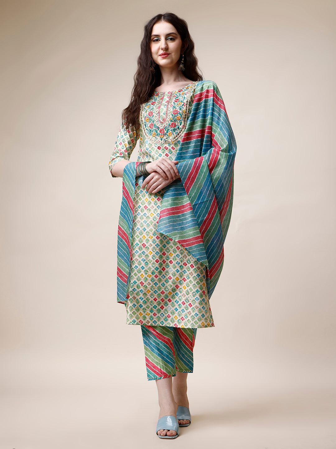 Ethnic Motif Printed & Embroidered Kurta With Pant And Dupatta Set, Multicolor - Hiral Fashion - Distacart