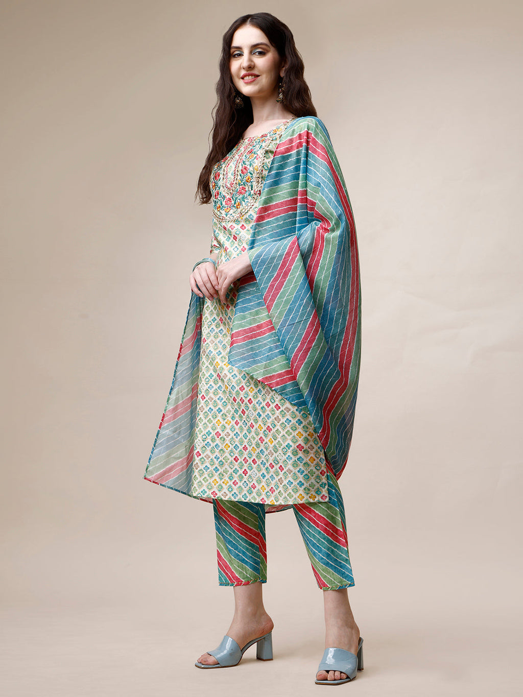 Ethnic Motif Printed & Embroidered Kurta With Pant And Dupatta Set, Multicolor - Hiral Fashion - Distacart