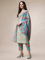 Ethnic Motif Printed & Embroidered Kurta With Pant And Dupatta Set, Multicolor - Hiral Fashion - Distacart