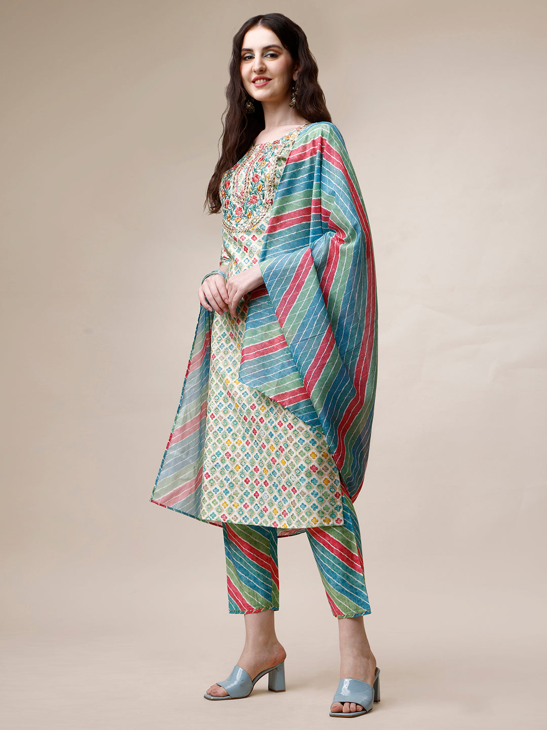 Ethnic Motif Printed & Embroidered Kurta With Pant And Dupatta Set, Multicolor - Hiral Fashion - Distacart