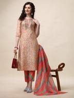 Ethnic Motif Printed & Embroidered Kurta With Pant And Dupatta Set, Multicolor - Hiral Fashion - Distacart
