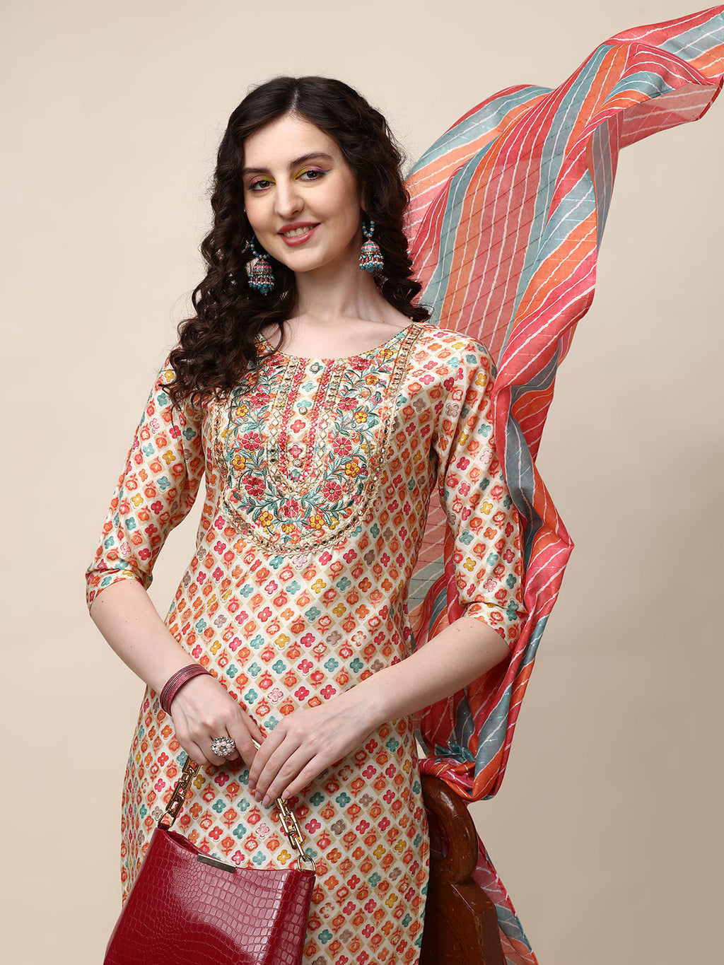 Ethnic Motif Printed & Embroidered Kurta With Pant And Dupatta Set, Multicolor - Hiral Fashion - Distacart