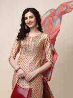 Ethnic Motif Printed & Embroidered Kurta With Pant And Dupatta Set, Multicolor - Hiral Fashion - Distacart