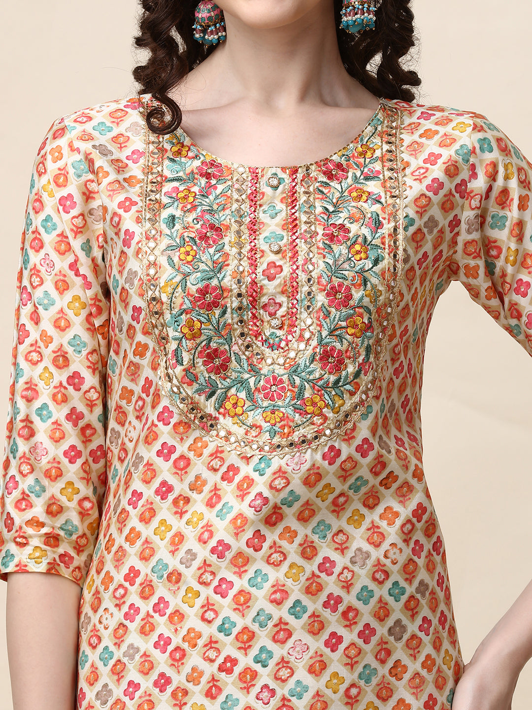 Ethnic Motif Printed & Embroidered Kurta With Pant And Dupatta Set, Multicolor - Hiral Fashion - Distacart