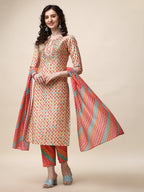 Ethnic Motif Printed & Embroidered Kurta With Pant And Dupatta Set, Multicolor - Hiral Fashion - Distacart