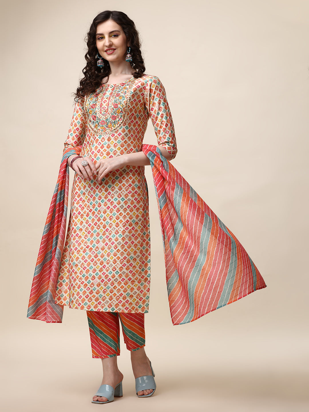 Ethnic Motif Printed & Embroidered Kurta With Pant And Dupatta Set, Multicolor - Hiral Fashion - Distacart