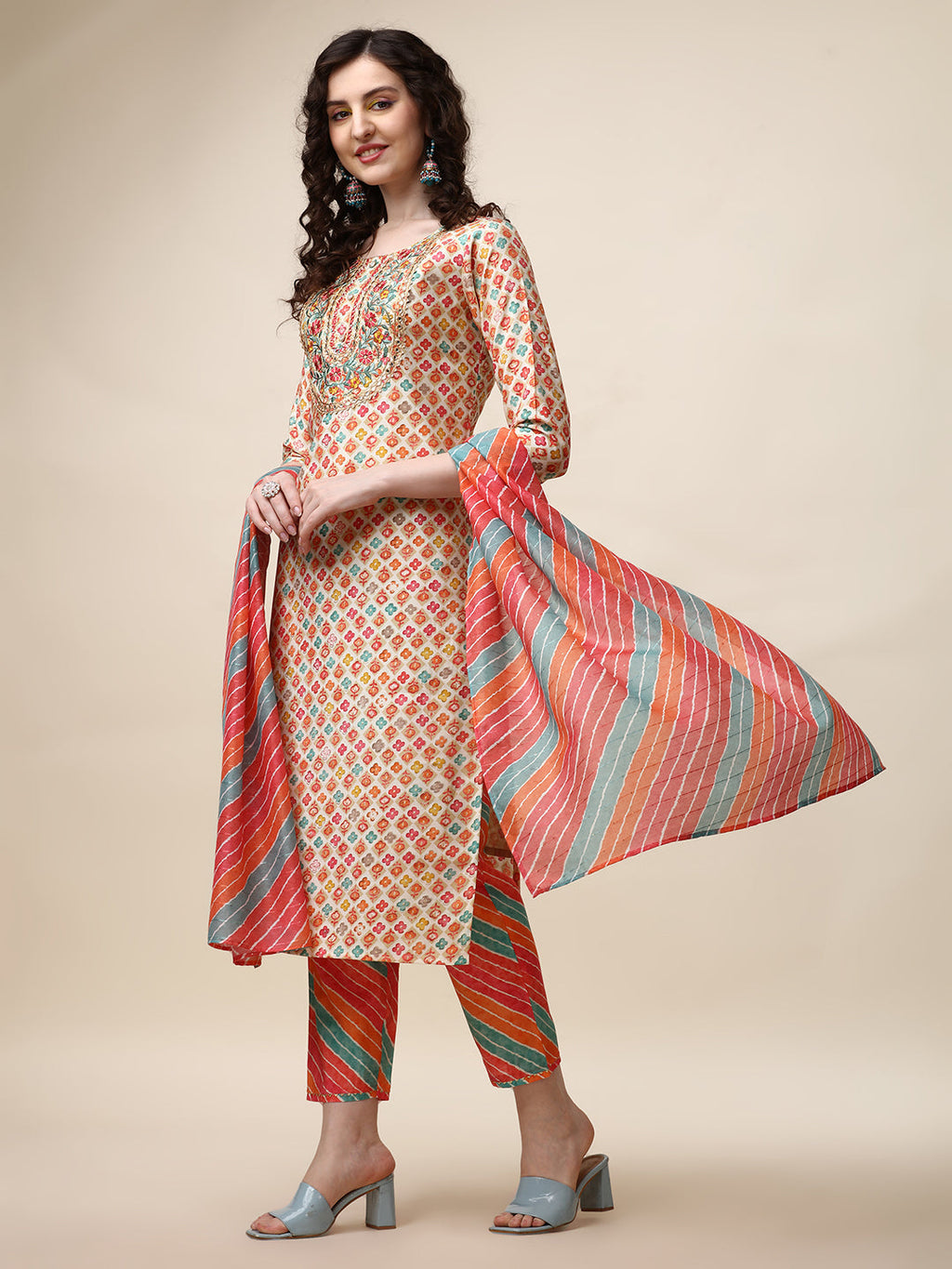 Ethnic Motif Printed & Embroidered Kurta With Pant And Dupatta Set, Multicolor - Hiral Fashion - Distacart