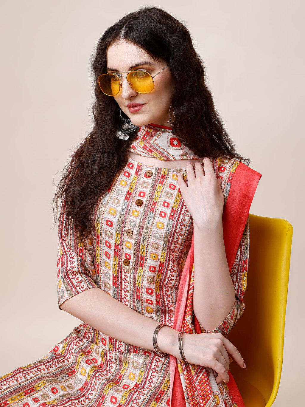 Cotton Printed Kurta With Pant And Dupatta Set, Multicolor - Hiral Fashion - Distacart