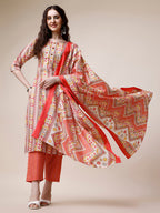 Cotton Printed Kurta With Pant And Dupatta Set, Multicolor - Hiral Fashion - Distacart