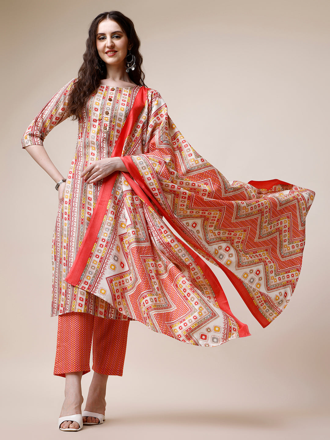 Cotton Printed Kurta With Pant And Dupatta Set, Multicolor - Hiral Fashion - Distacart