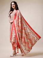 Cotton Printed Kurta With Pant And Dupatta Set, Multicolor - Hiral Fashion - Distacart