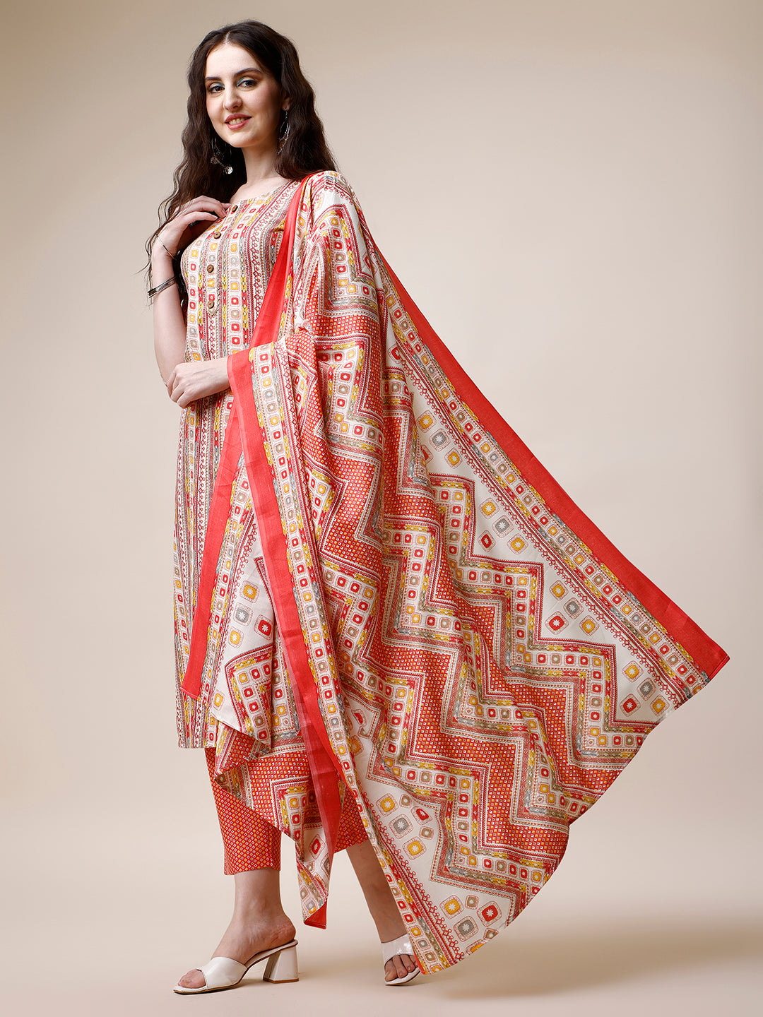 Cotton Printed Kurta With Pant And Dupatta Set, Multicolor - Hiral Fashion - Distacart
