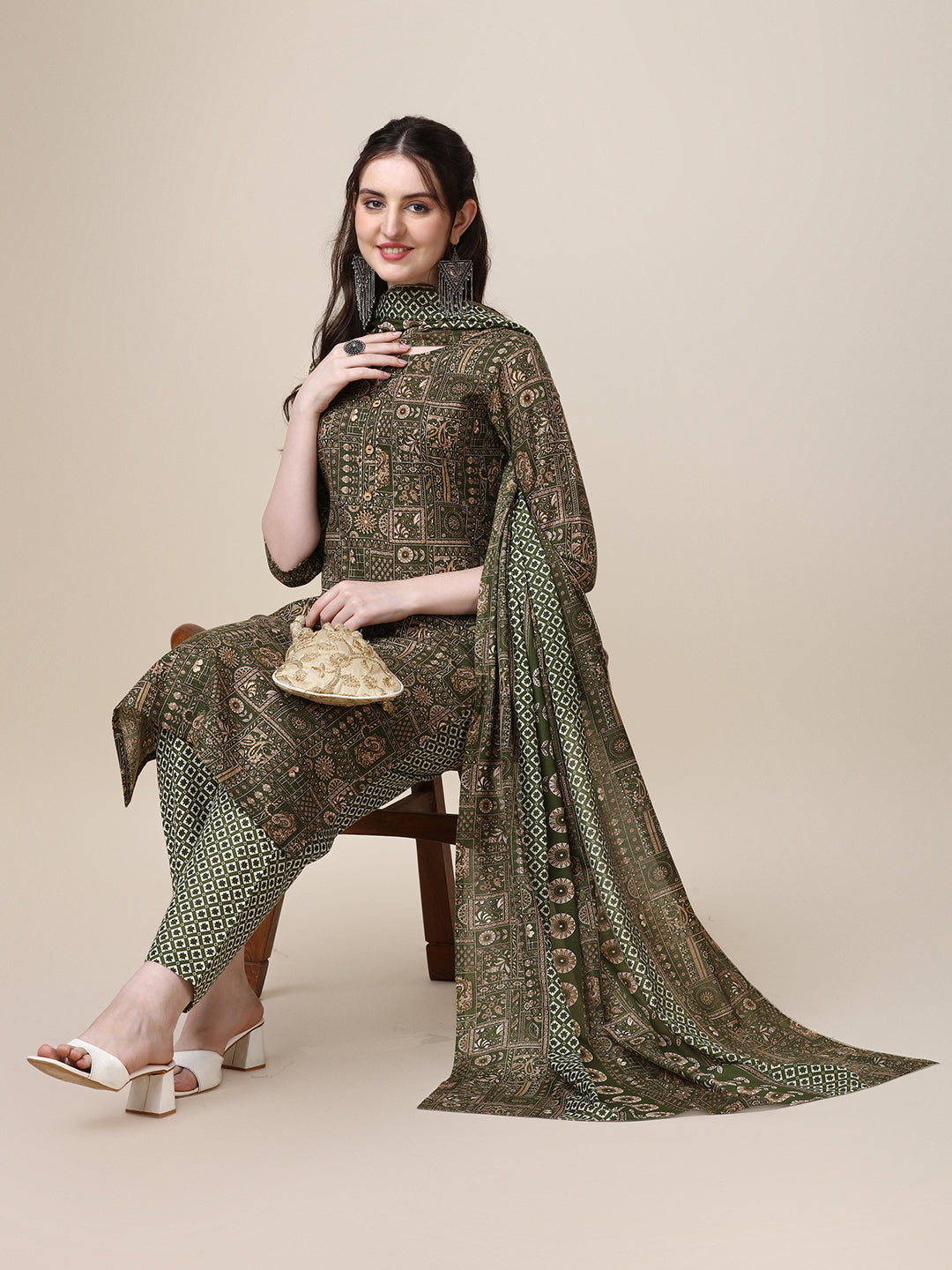 Cotton Printed Kurta With Pant And Printed Dupatta Set, Multicolor - Hiral Fashion - Distacart