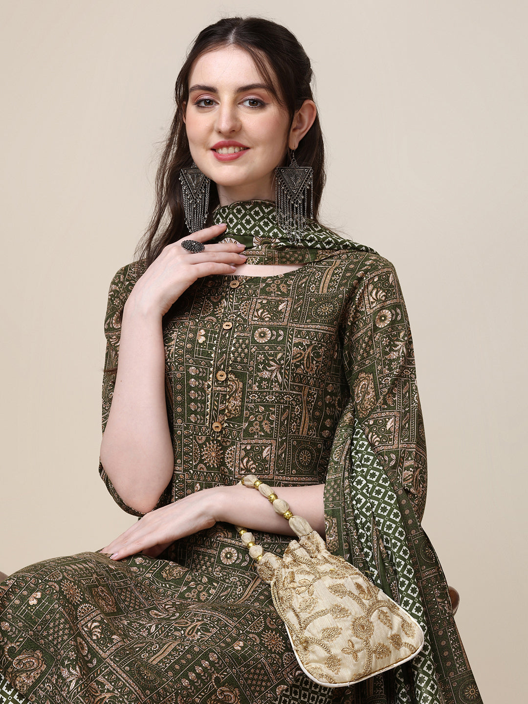 Cotton Printed Kurta With Pant And Printed Dupatta Set, Multicolor - Hiral Fashion - Distacart