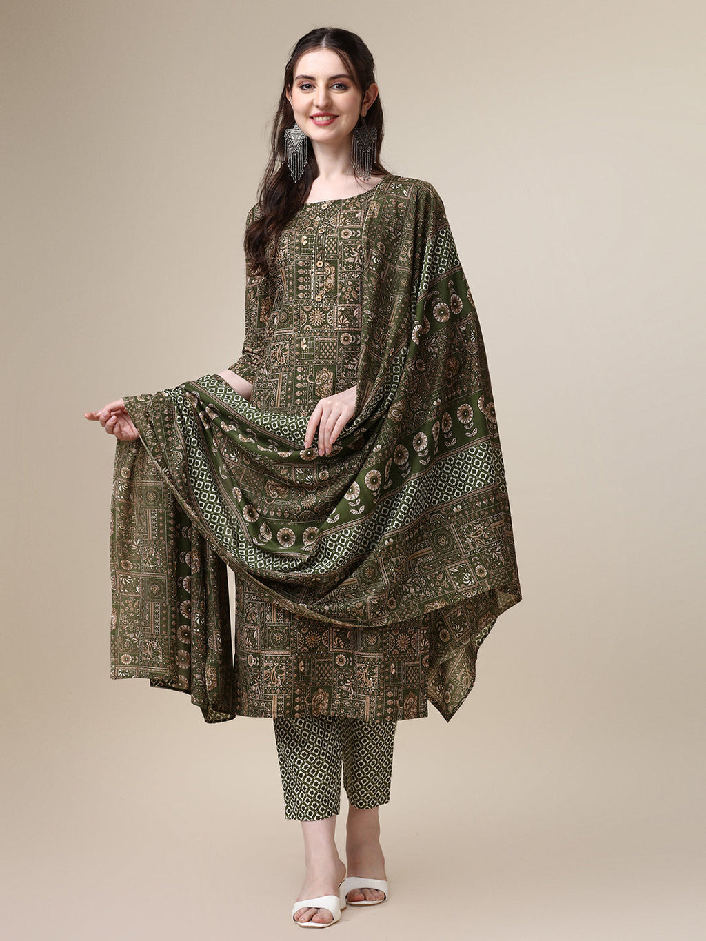 Cotton Printed Kurta With Pant And Printed Dupatta Set, Multicolor - Hiral Fashion - Distacart