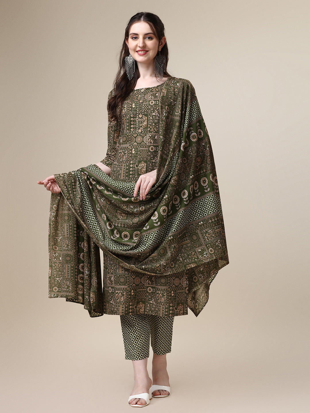 Cotton Printed Kurta With Pant And Printed Dupatta Set, Multicolor - Hiral Fashion - Distacart