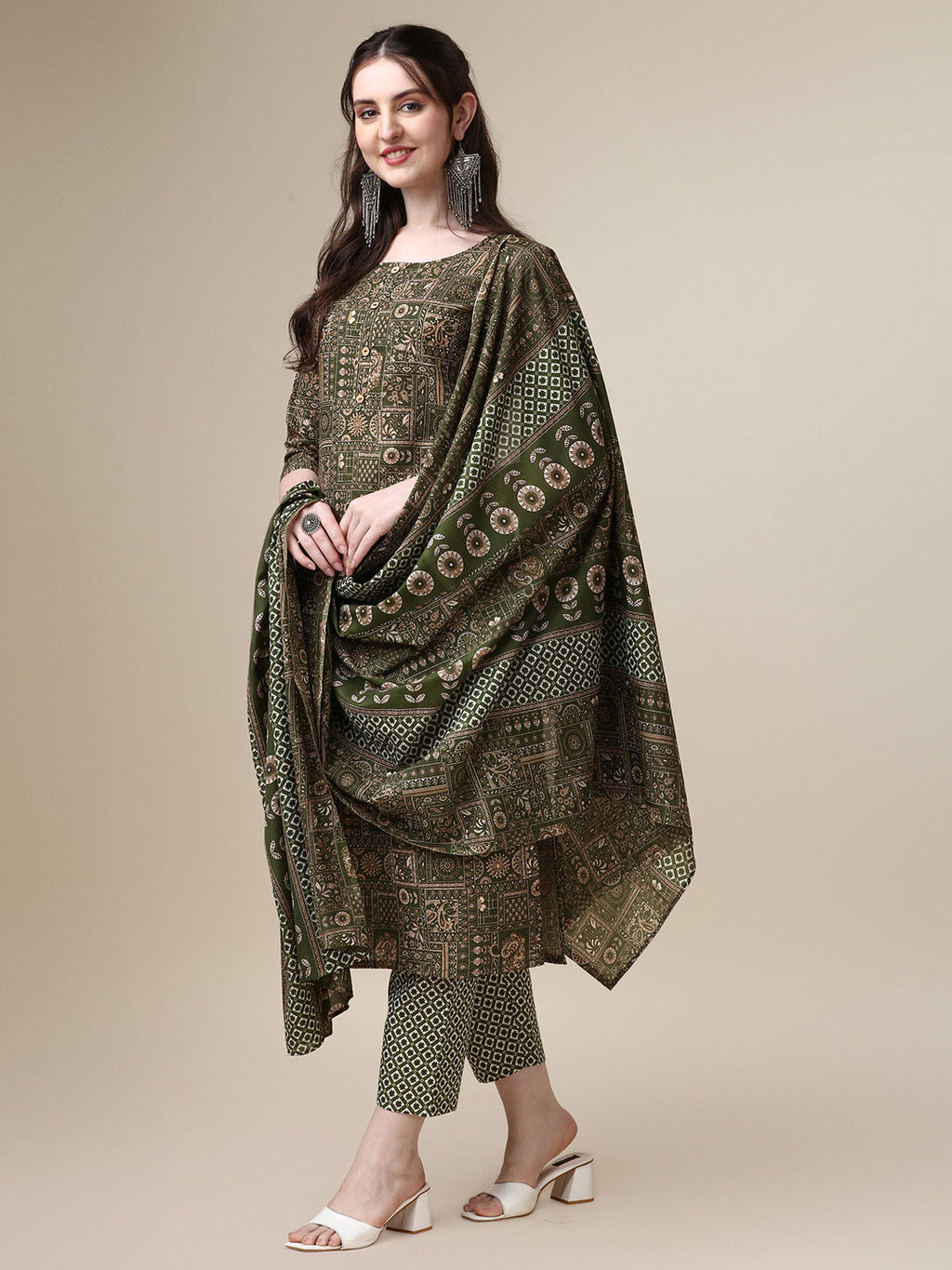 Cotton Printed Kurta With Pant And Printed Dupatta Set, Multicolor - Hiral Fashion - Distacart