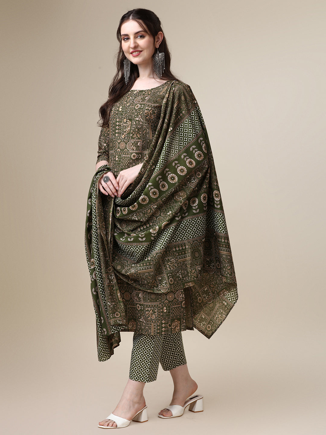 Cotton Printed Kurta With Pant And Printed Dupatta Set, Multicolor - Hiral Fashion - Distacart