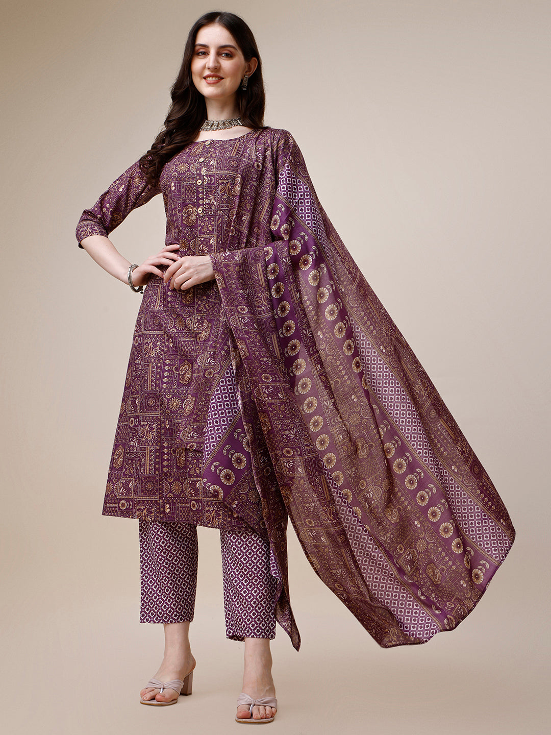 Cotton Printed Kurta With Pant And Printed Dupatta Set, Multicolor - Hiral Fashion - Distacart