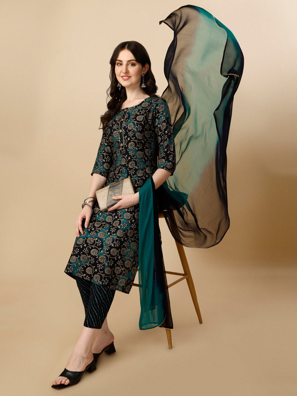 Printed Kurta With Pant & Dupatta Set, Multicolor - Hiral Fashion - Distacart