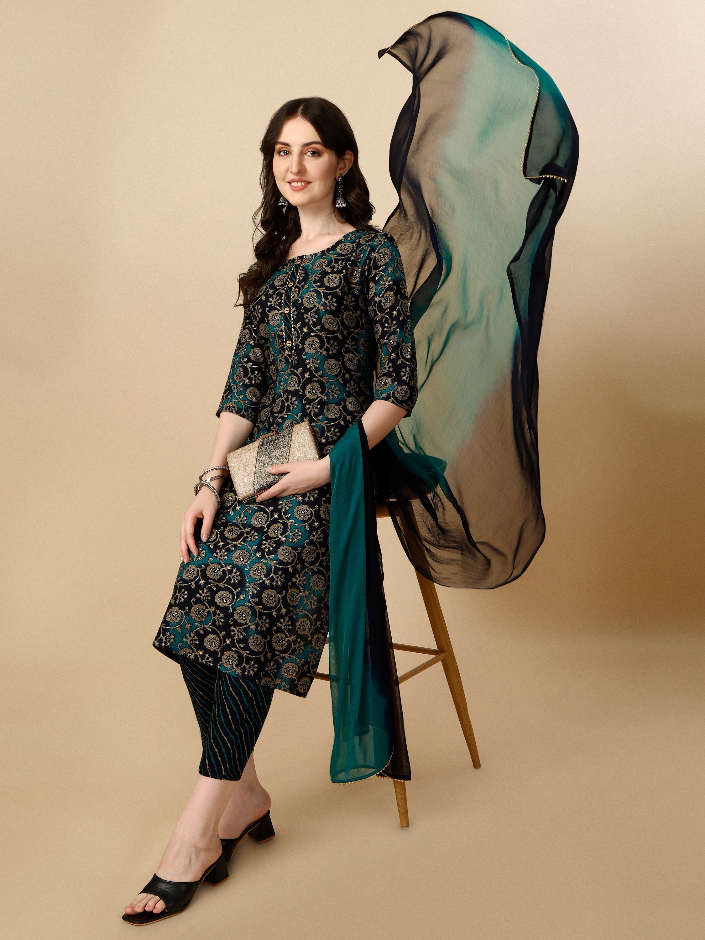 Printed Kurta With Pant & Dupatta Set, Multicolor - Hiral Fashion - Distacart
