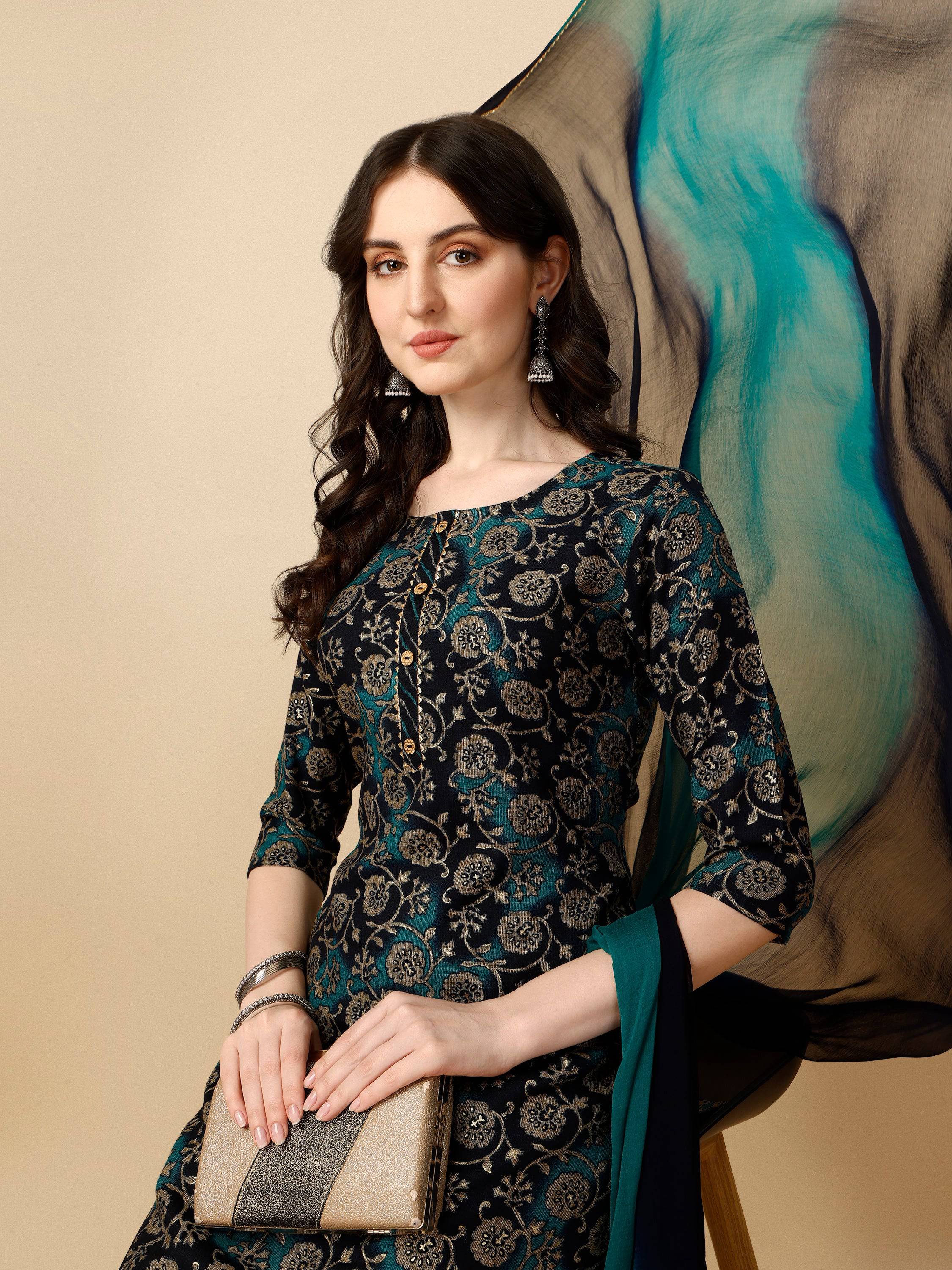 Printed Kurta With Pant & Dupatta Set, Multicolor - Hiral Fashion - Distacart